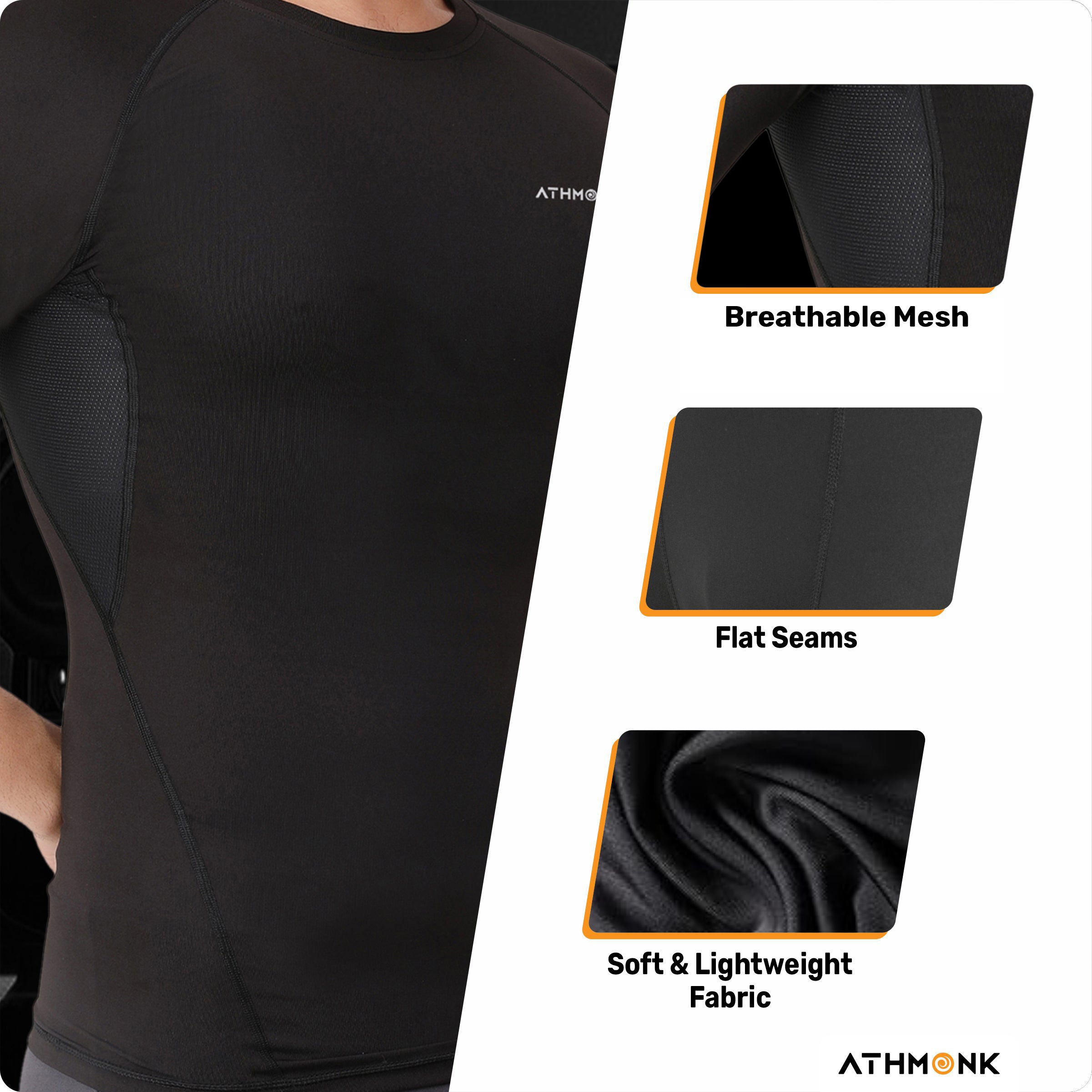 Athmonk Compression T-Shirt Vest Body Shaper Half Sleeve for Men Boys Branded - Nylon Lycra Fabric - Workout Gym Cricket Football Sports Training - Keep Dry Tight Skin Fit - Round Neck